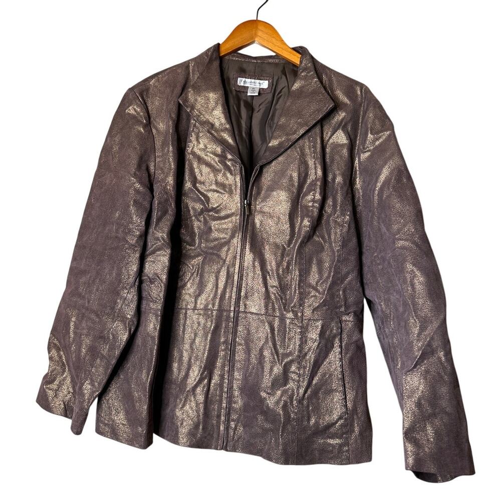 Vintage Gold Metallic Embossed Brown Leather Moto Jacket Coldwater Creek XXL
